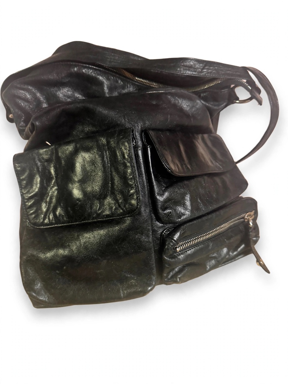 HOBO International black leather multi pocket cargo hobo shoulder bag 14x16 Vtg